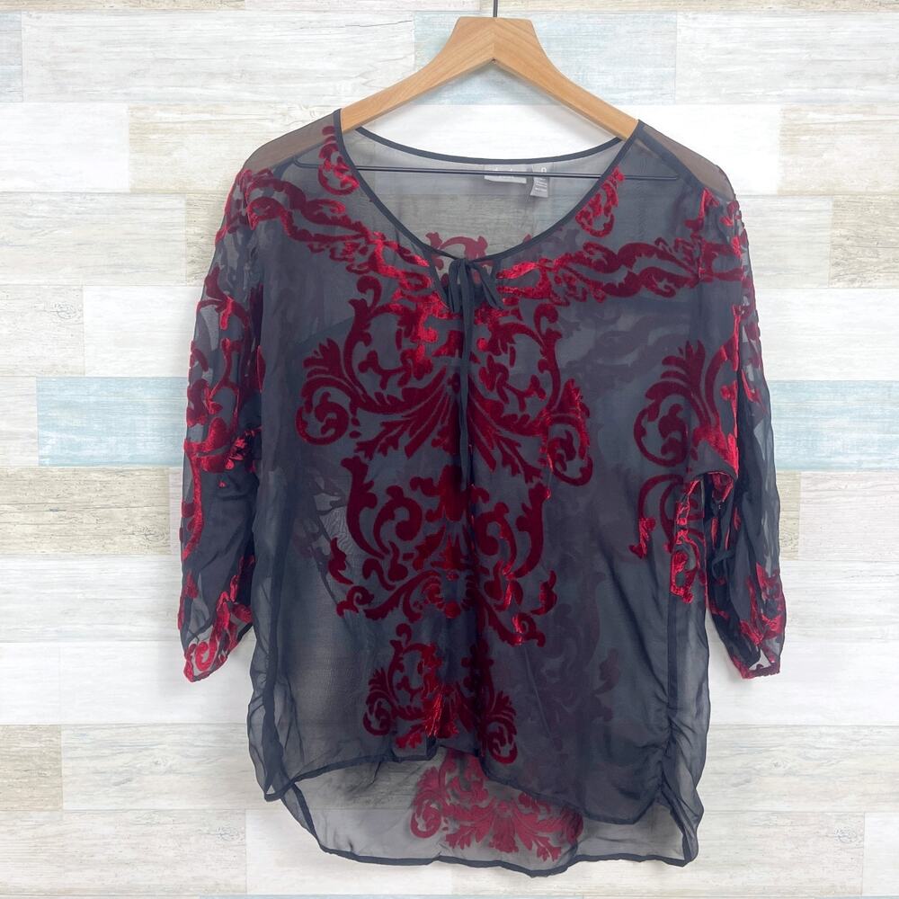 Chicos Travelers Sheer Velvet Embroidered Blouse Black Red Nylon Womens 0 Small